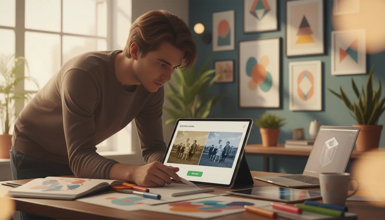 A man intently works at a modern desk, using a tablet and stylus, surrounded by creative tools and technology.