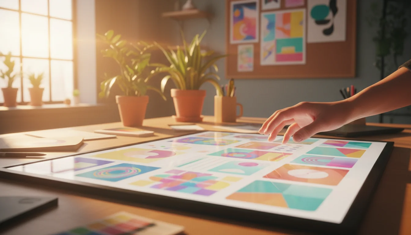 A person's hand interacts with a large digital design screen on a sunlit desk amidst plants and creative decor.