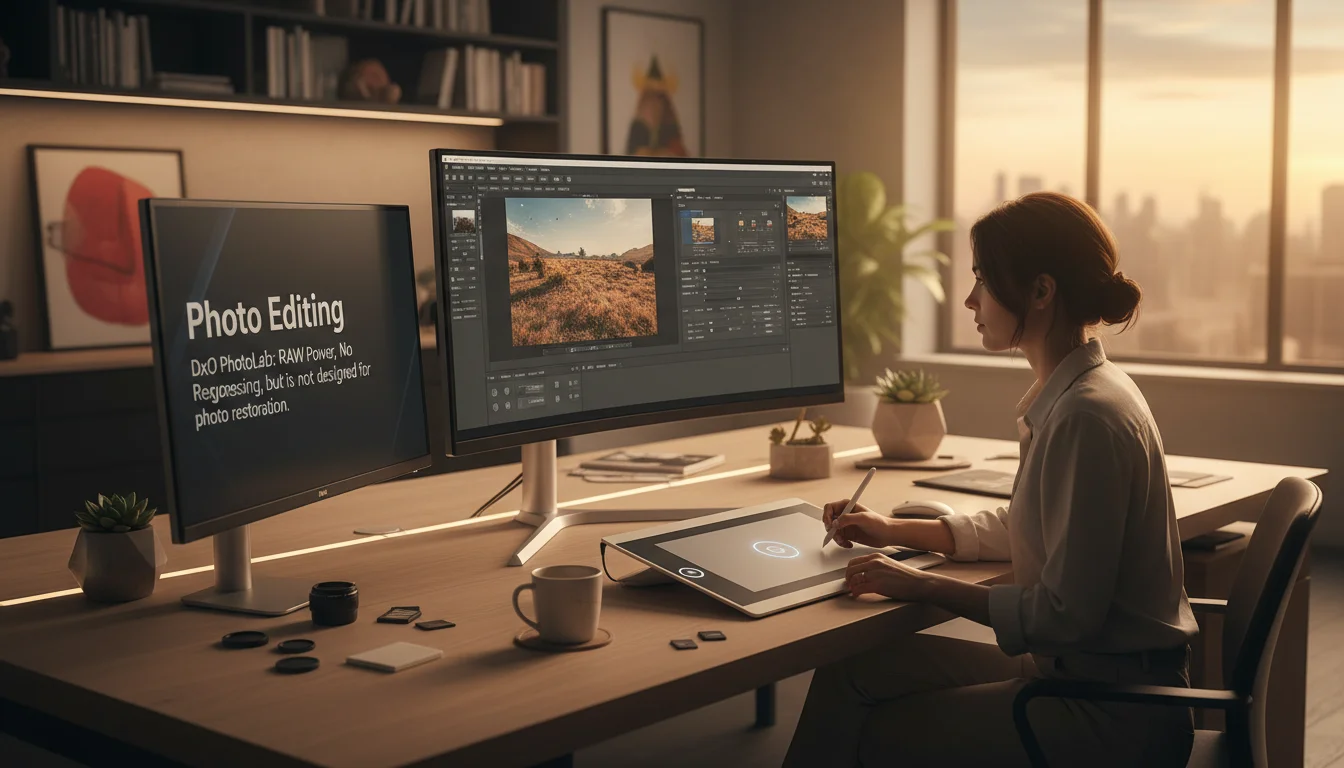 A woman edits photos on a dual-monitor setup with a graphic tablet in a modern office at sunset.