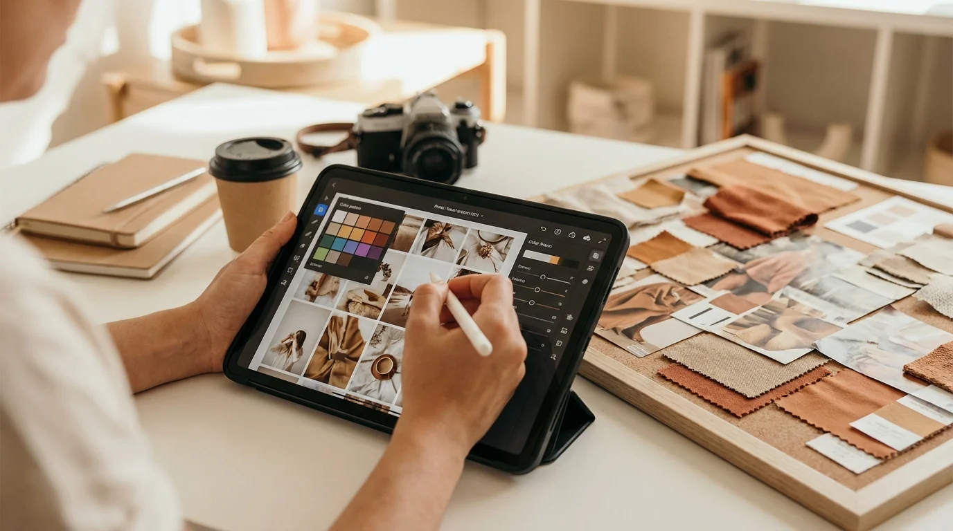 A person is using a stylus on a tablet displaying a color palette and images, next to a creative mood board.