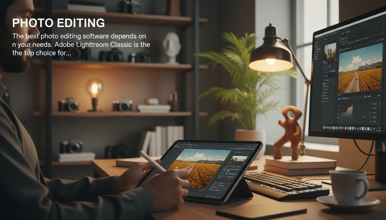 A person uses a tablet and desktop to edit photos, with a text overlay about photo editing software.