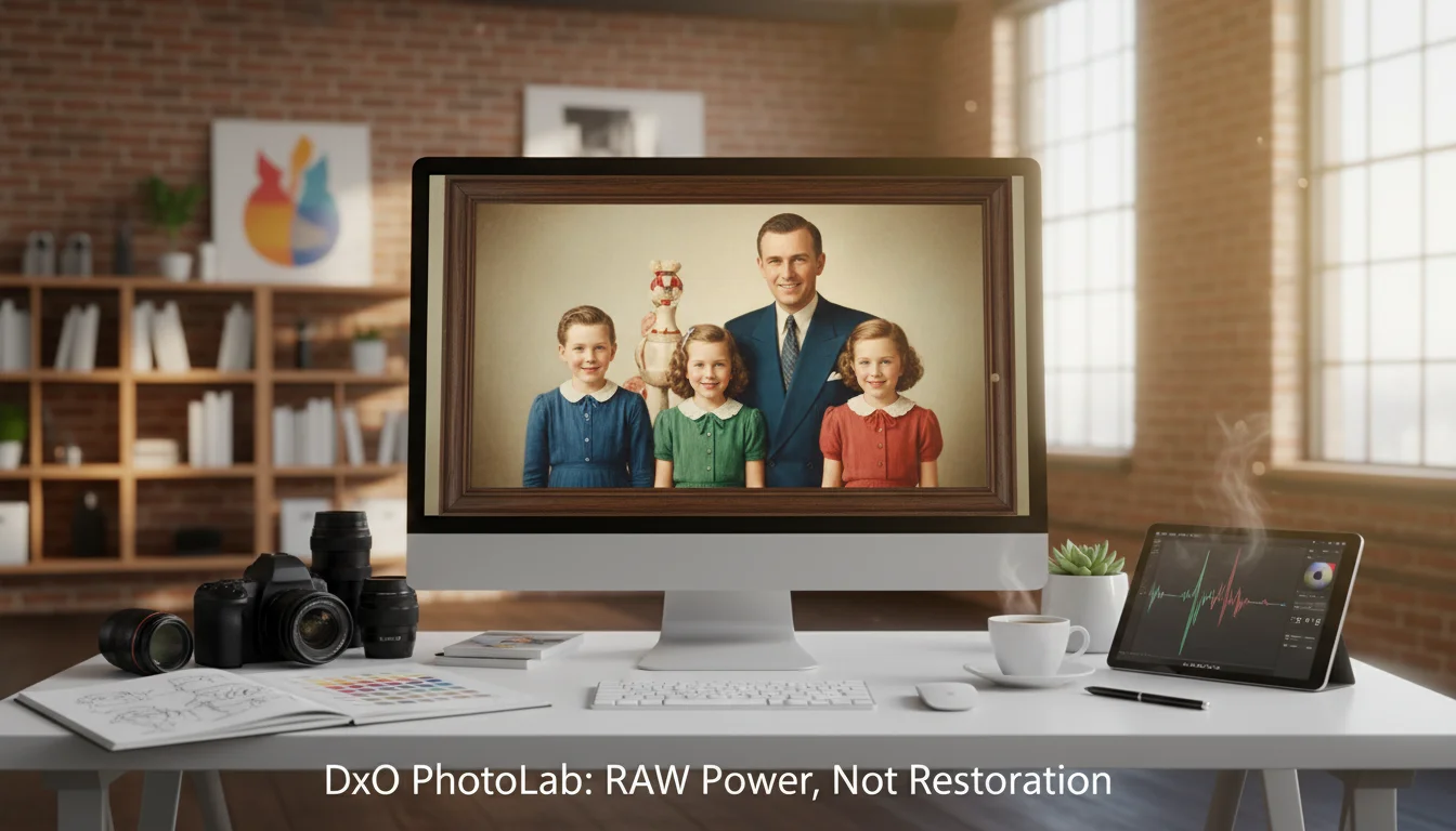 A workspace with a computer displaying a vintage family portrait, camera gear, and a tablet, showcasing editing software.
