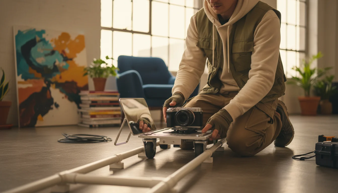 A person adjusts a camera on a DIY dolly track on the floor of a sunlit room, preparing for a shoot.
