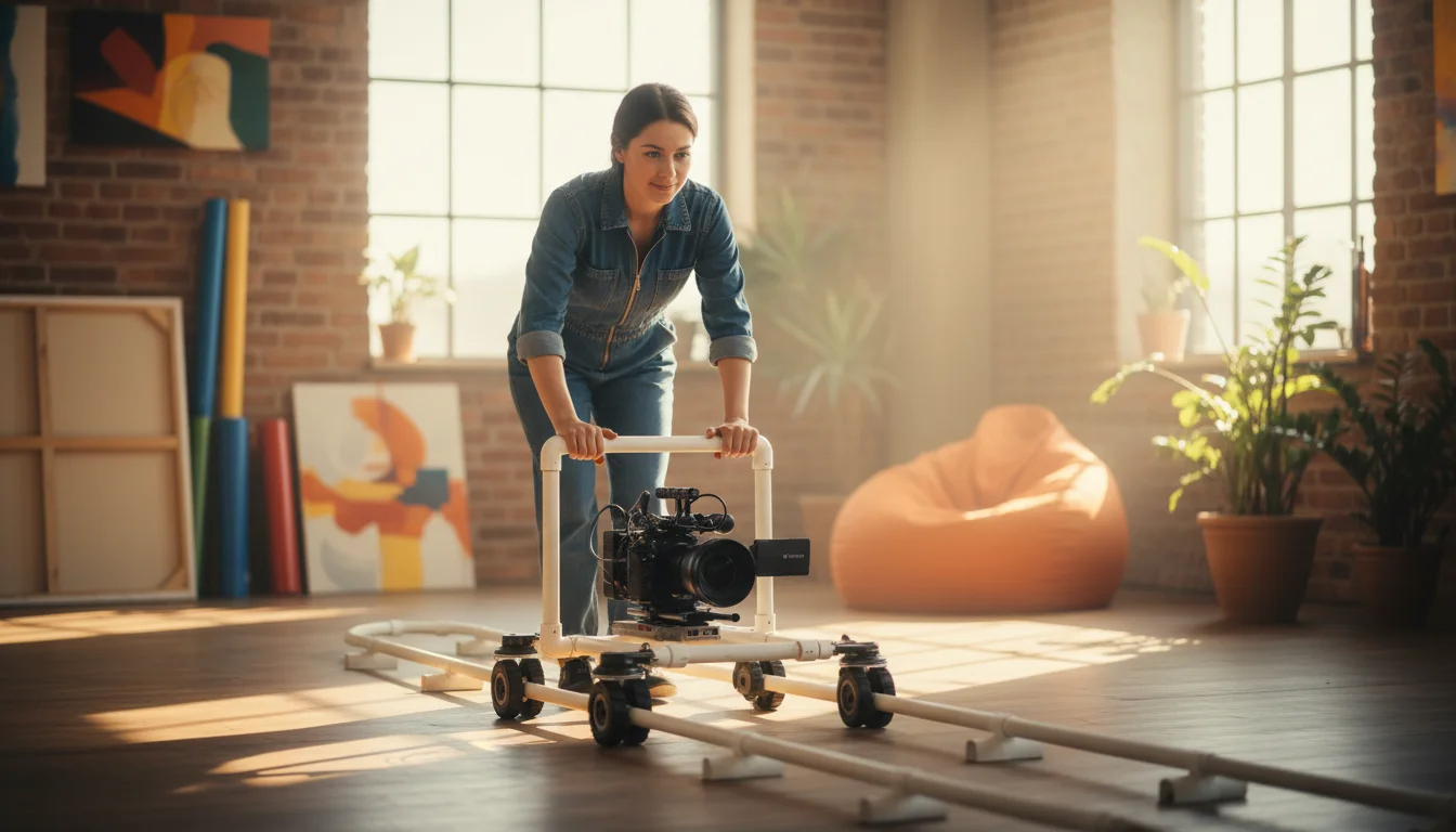 A woman operates a professional camera on a DIY dolly track in a bright, sunlit loft space.