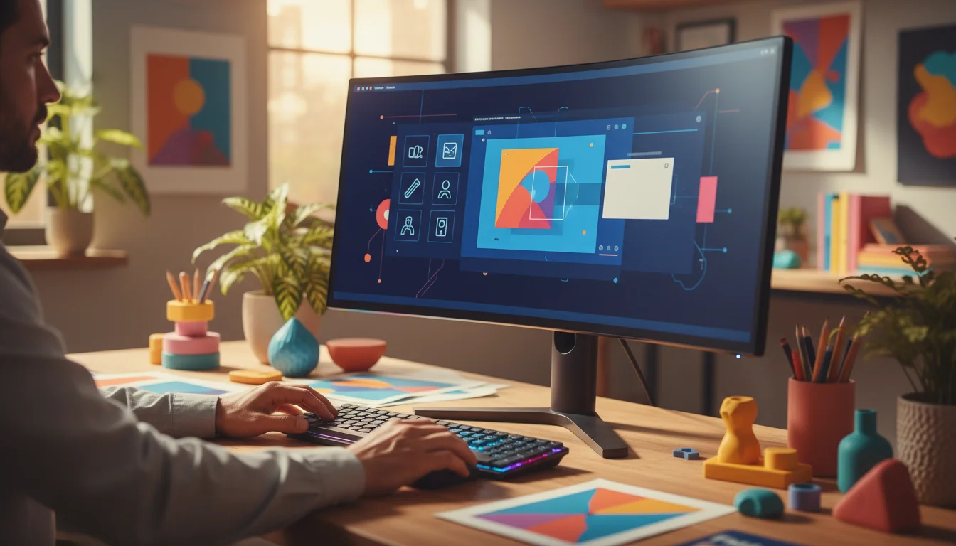 A person works at a desk with a large curved monitor displaying design software, surrounded by colorful abstract decor.