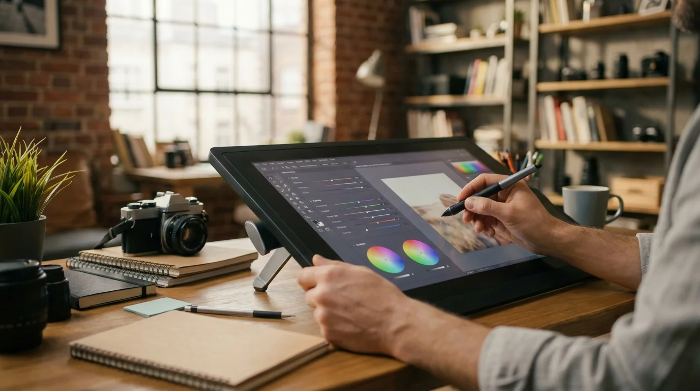 A person uses a stylus on a large digital display tablet to edit a photo in a creative workspace.