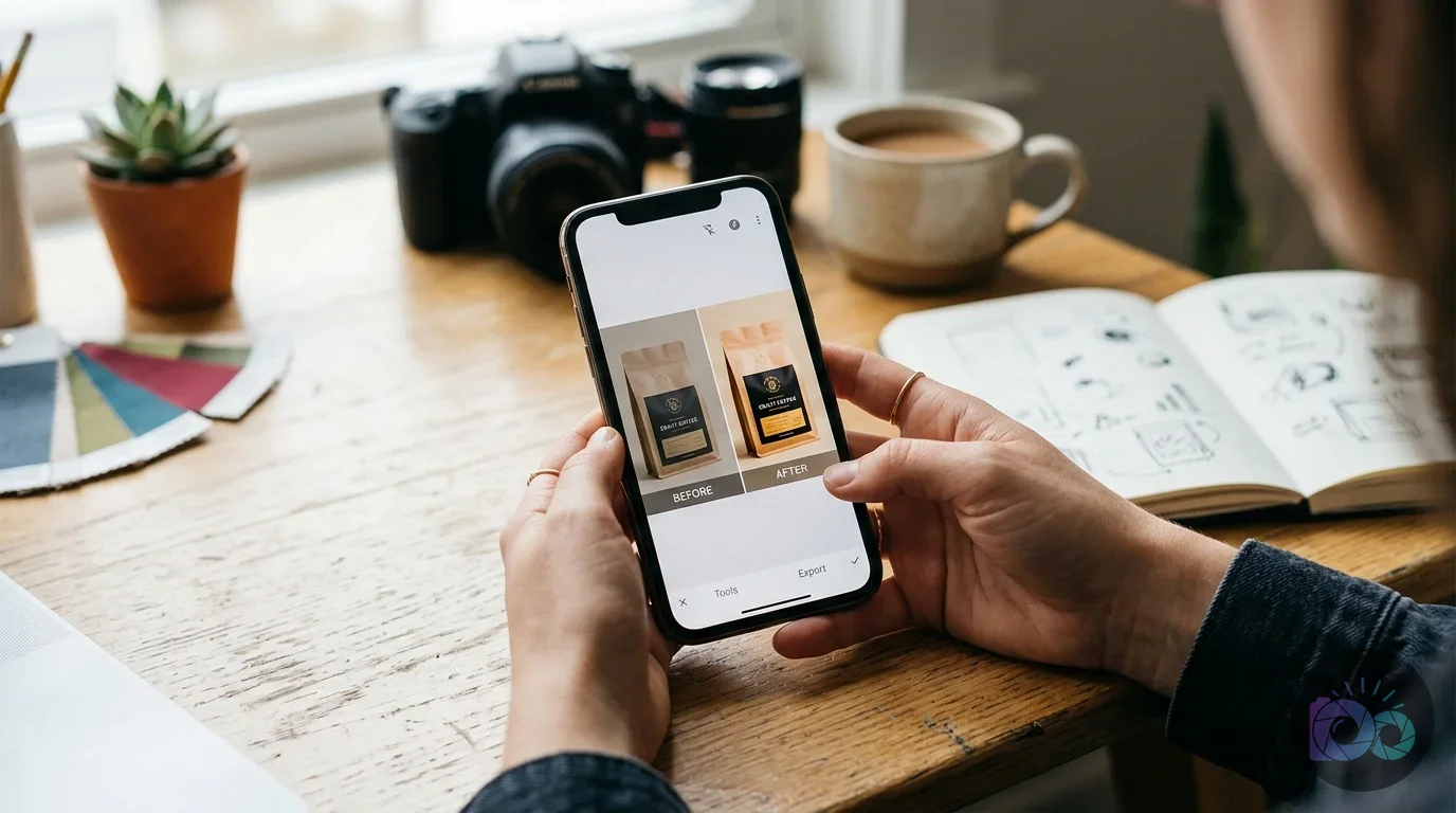A person uses a smartphone to compare before and after edits of coffee packaging on a photo editing app, surrounded by