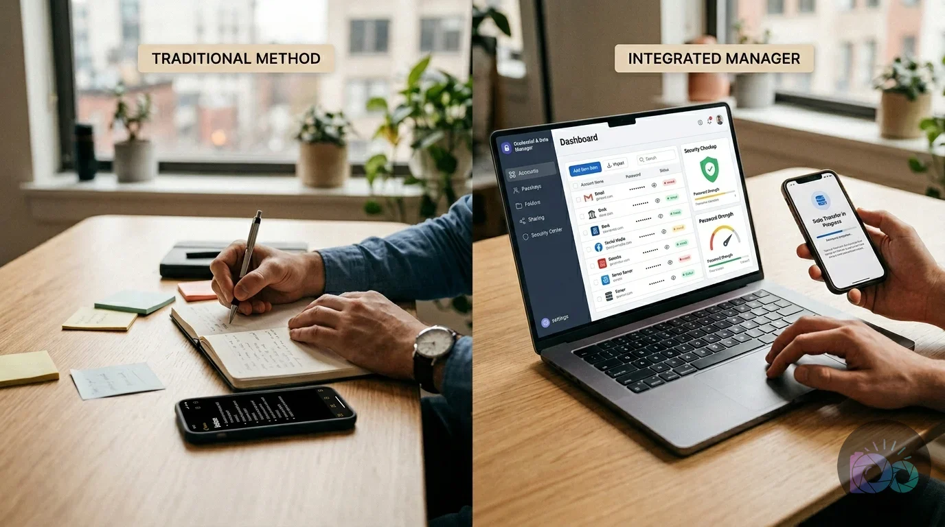 A split image compares a traditional method of writing notes by hand in a notebook with an integrated digital manager on