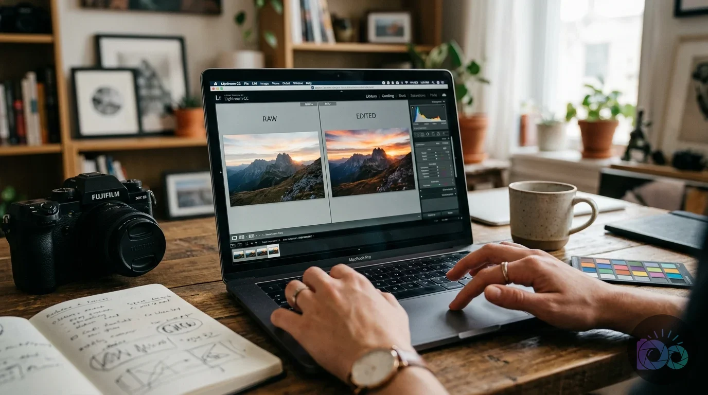 A person edits a mountain landscape photograph on a MacBook Pro using Adobe Lightroom CC, showcasing a RAW vs. EDITED...