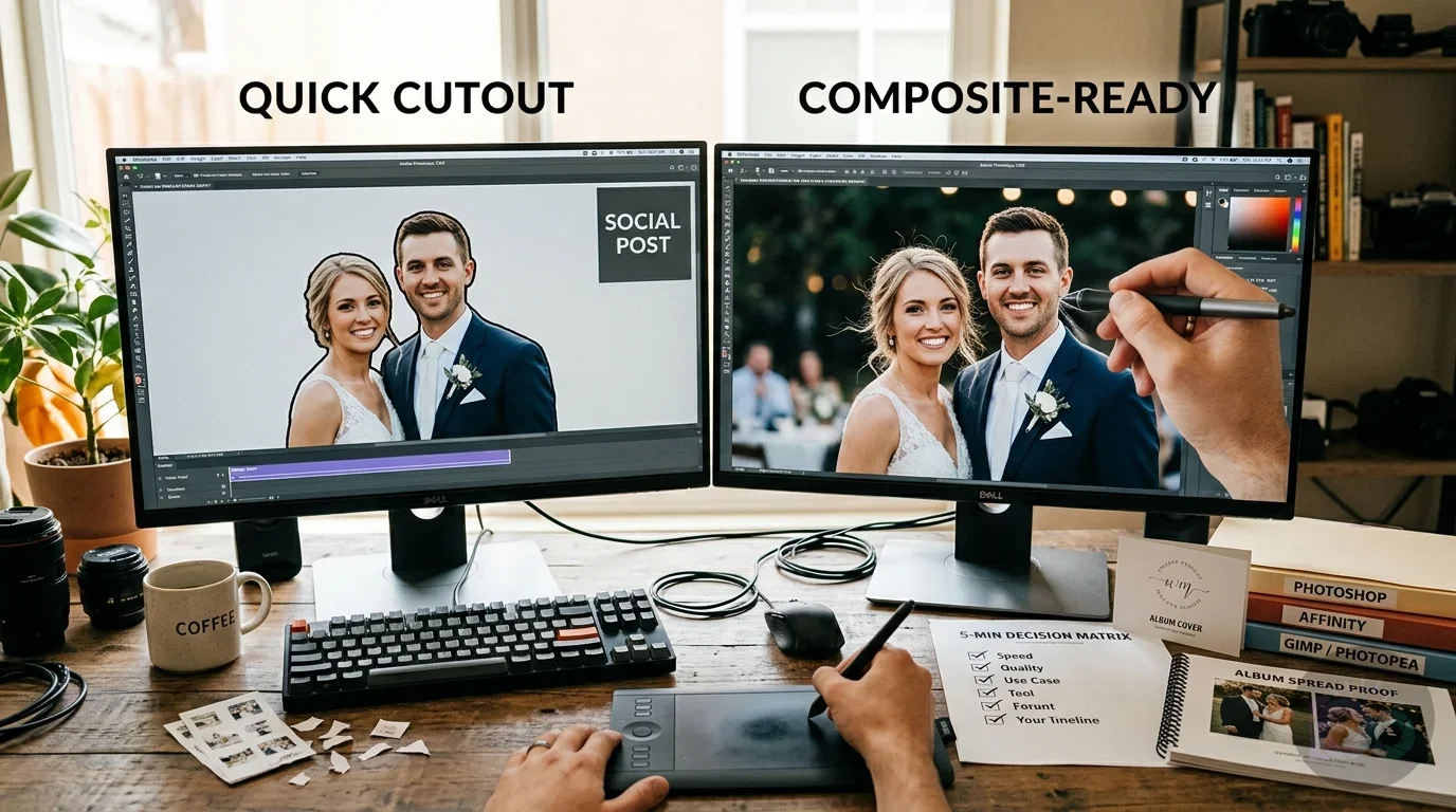 A side-by-side comparison displays a quick digital cutout for social media versus a composite-ready wedding photo being...