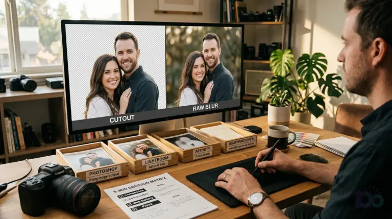 A person uses a pen tablet to compare 'cutout' and 'raw blur' photo editing techniques on a monitor, surrounded by...