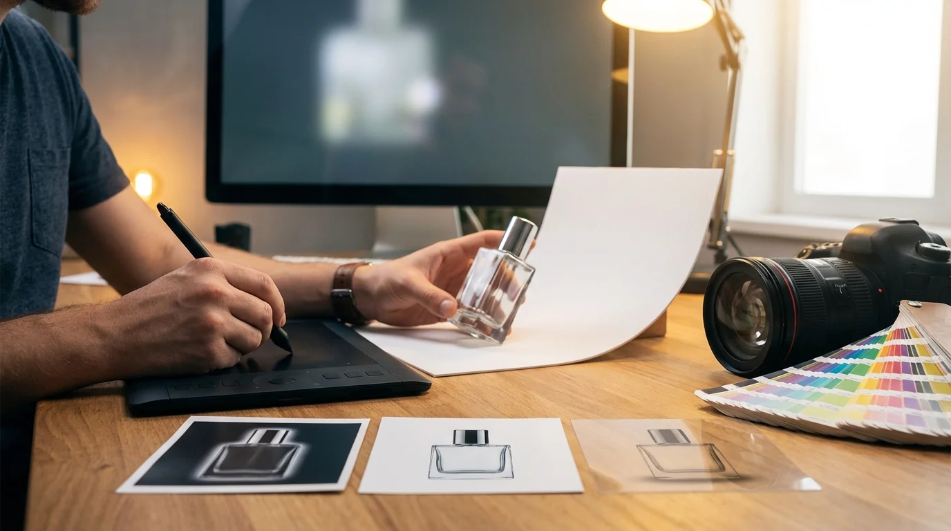 A designer works on a perfume bottle concept using a pen tablet, surrounded by design tools.