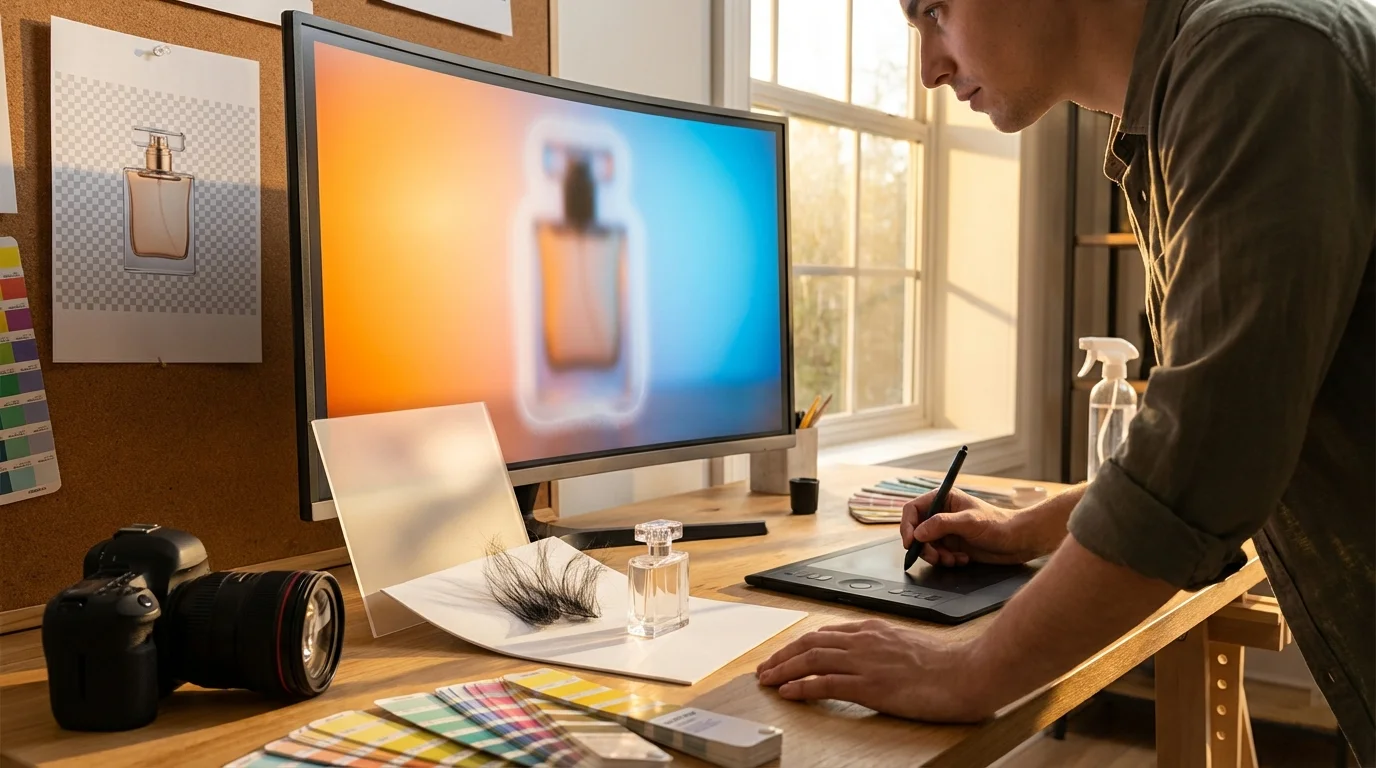 A designer works on a perfume bottle concept using a graphics tablet and computer, surrounded by design tools.
