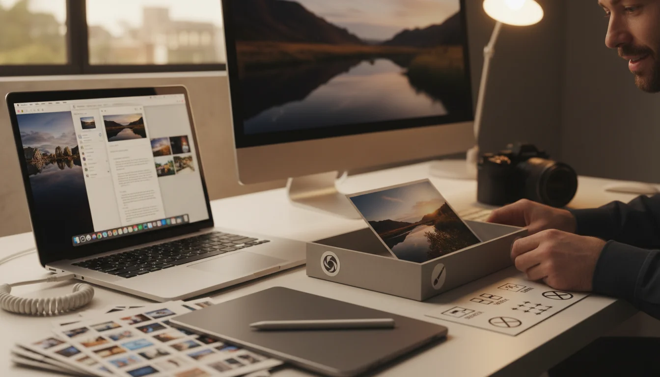 A man reviews physical photo prints alongside digital images on a laptop and external monitor, illustrating a photography...