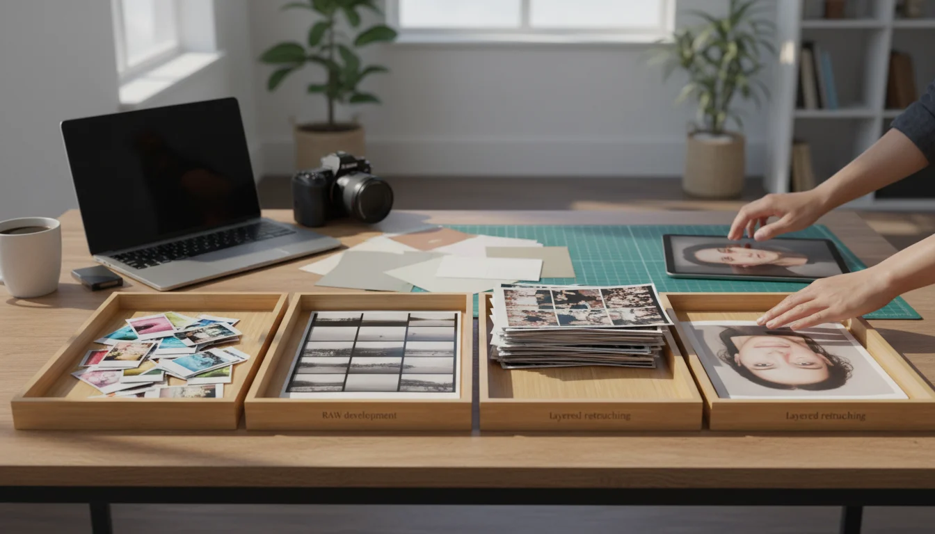 Hands demonstrate a photography workflow by arranging various prints in labeled wooden trays and interacting with a...