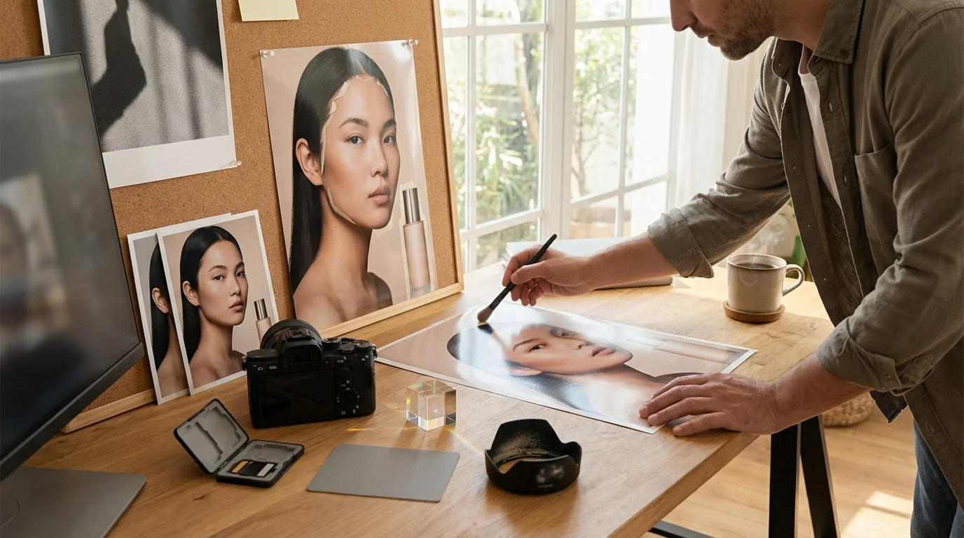 A man retouches a large print of a model's face on a desk with photography gear and inspiration.