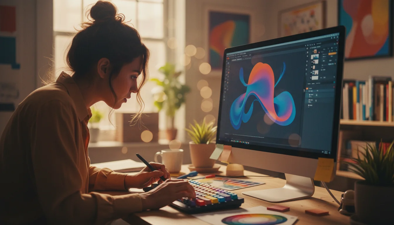 A focused woman works on a desktop computer, creating digital art with a pen tablet in a warm, well-lit home office.