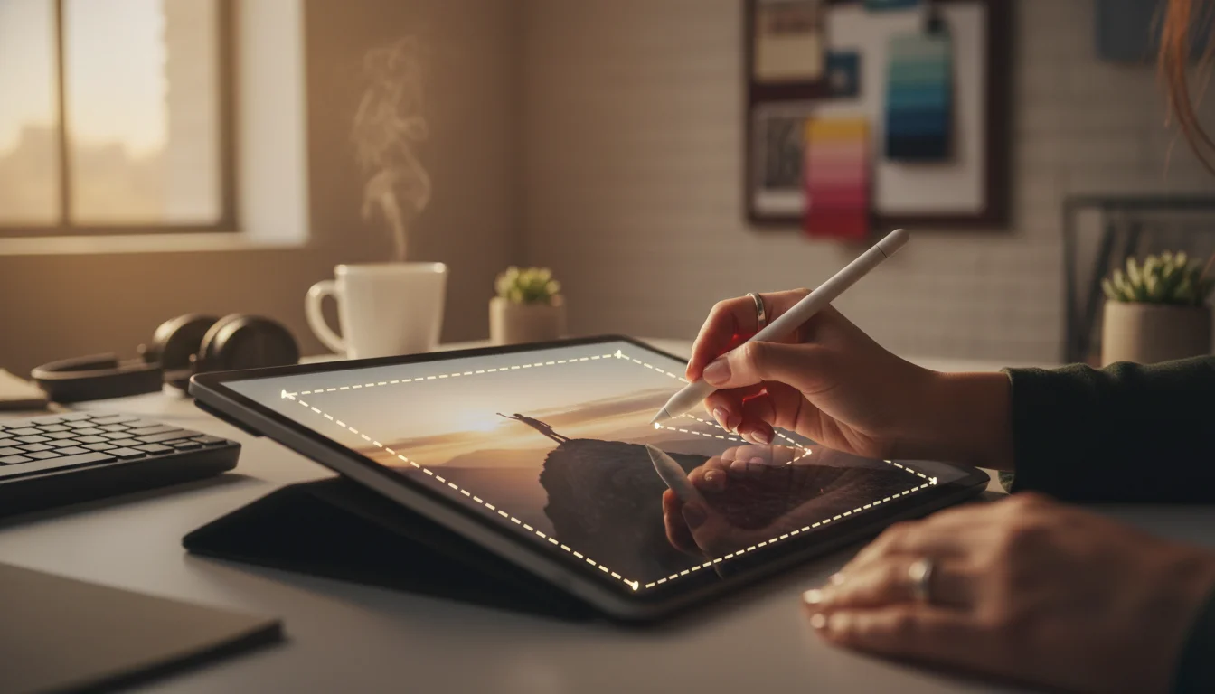 A close-up of hands using a stylus on a tablet displaying a mountain sunset image with a selection box on a desk.