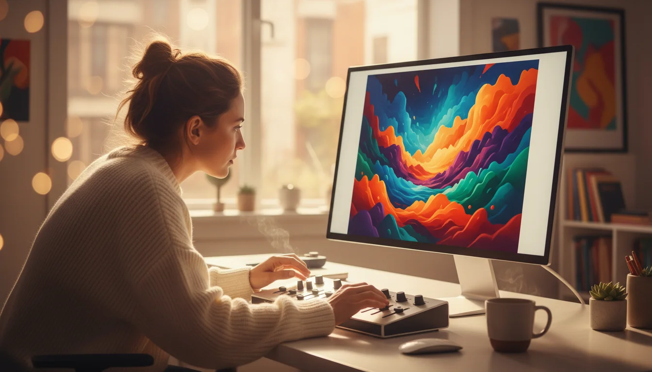 A woman with her hair in a bun works at a desk, looking intently at a computer screen displaying vibrant abstract art, with a
