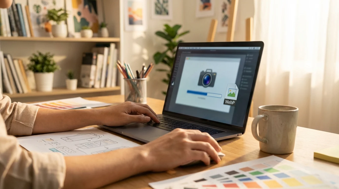 A person is working on a laptop and papers with design elements on a wooden desk, bathed in sunlight.