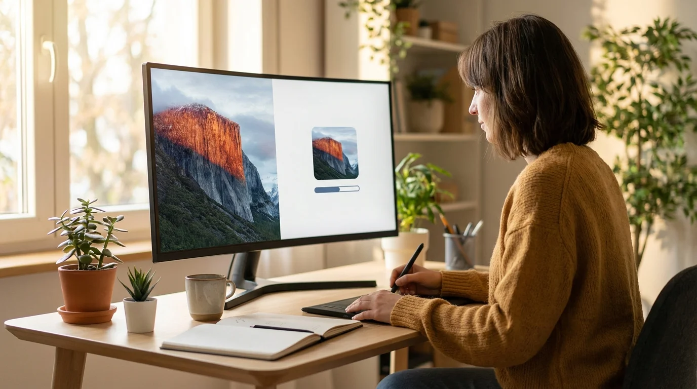 A woman uses a drawing tablet and computer monitor displaying a landscape image at a sunny desk.