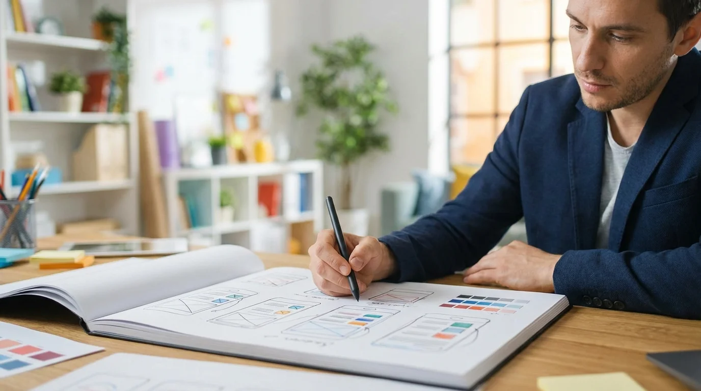 A focused man in a blue blazer sketches UI wireframes in a large notebook on a wooden desk.