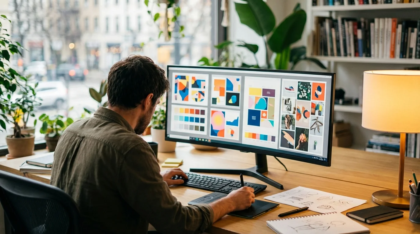 A man works focused on graphic design at a bright desk, surrounded by creative tools and plants.