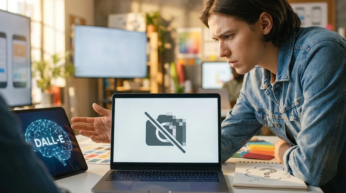A man in a denim jacket intently looks at a laptop displaying a 'no camera' icon, while a tablet with 'DALL-E' is on the tabl