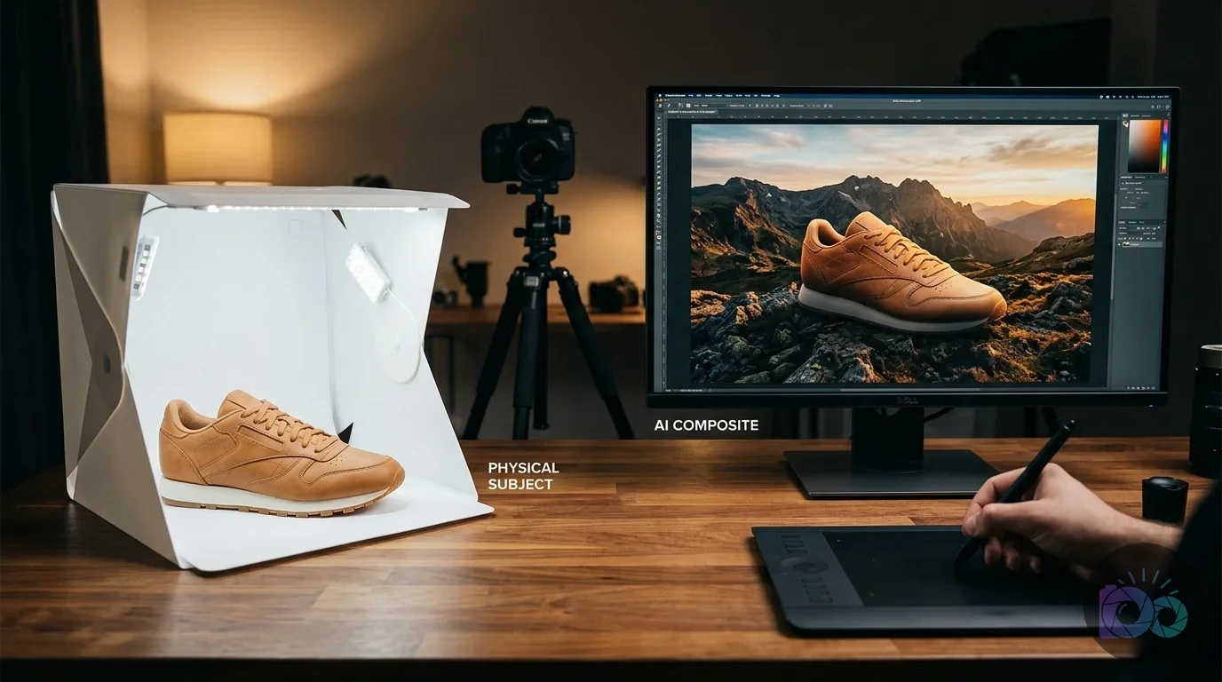 Demonstrating product photography workflow, a physical shoe in a light box is contrasted with its digital composite on a...
