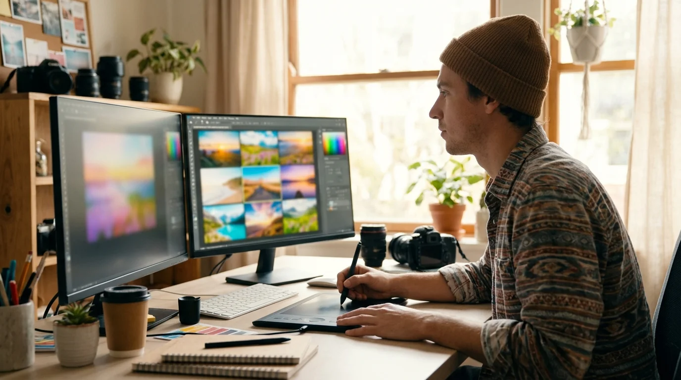 A man in a beanie and patterned shirt uses a graphics tablet to edit photos on dual monitors in a home office.