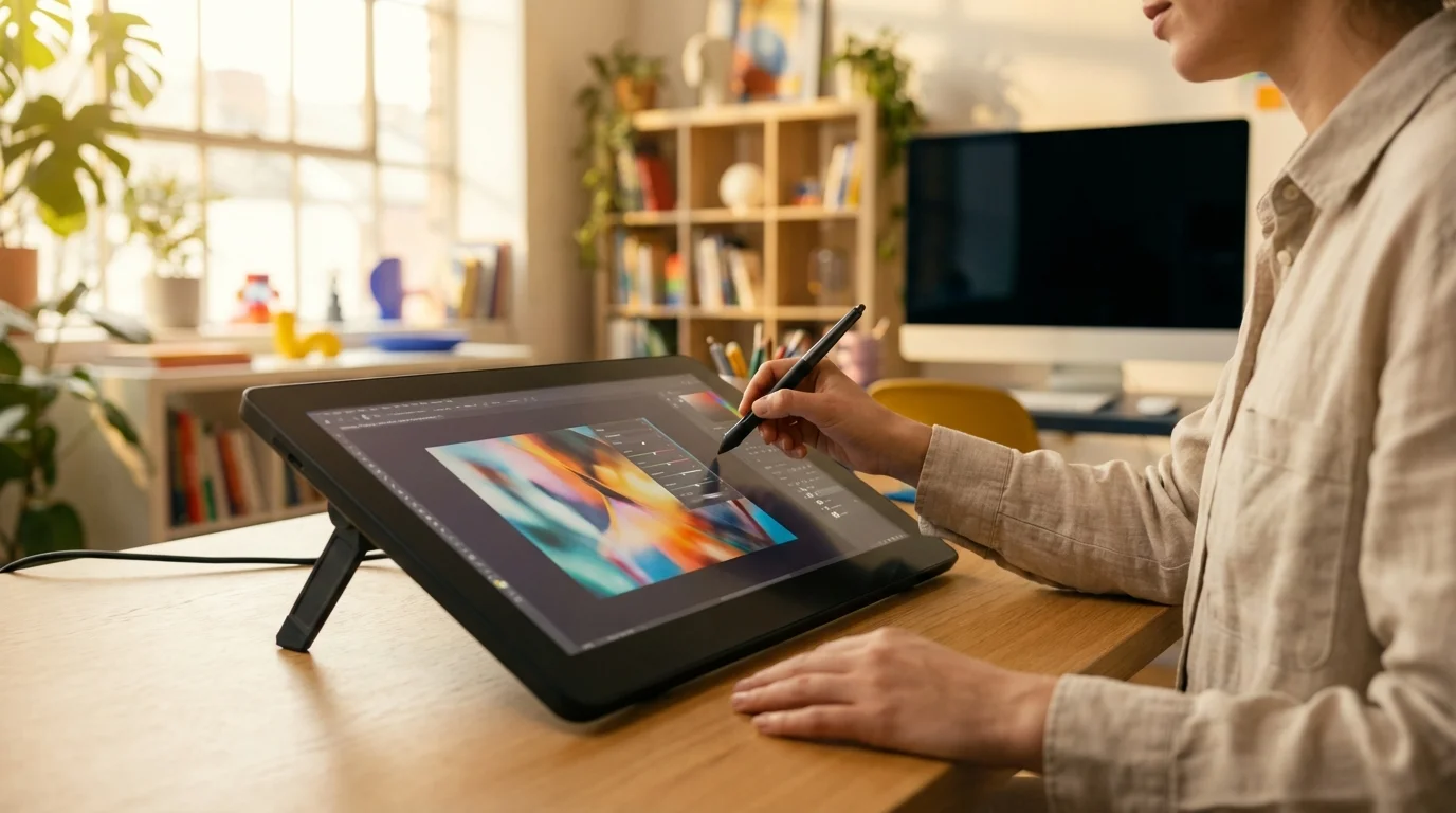 A person uses a large digital drawing tablet with a stylus in a brightly lit, modern home office.