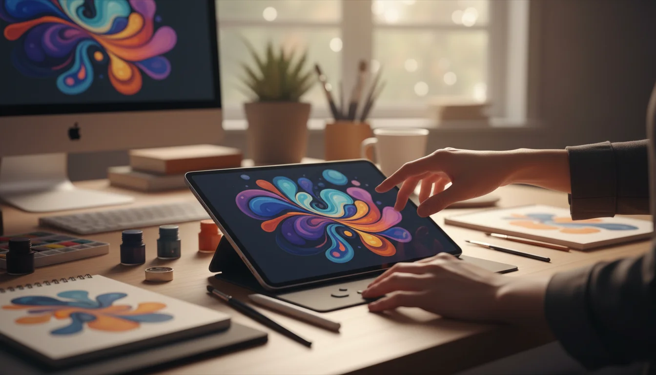 A person uses a tablet to create vibrant digital art on a desk with a desktop computer and art supplies.