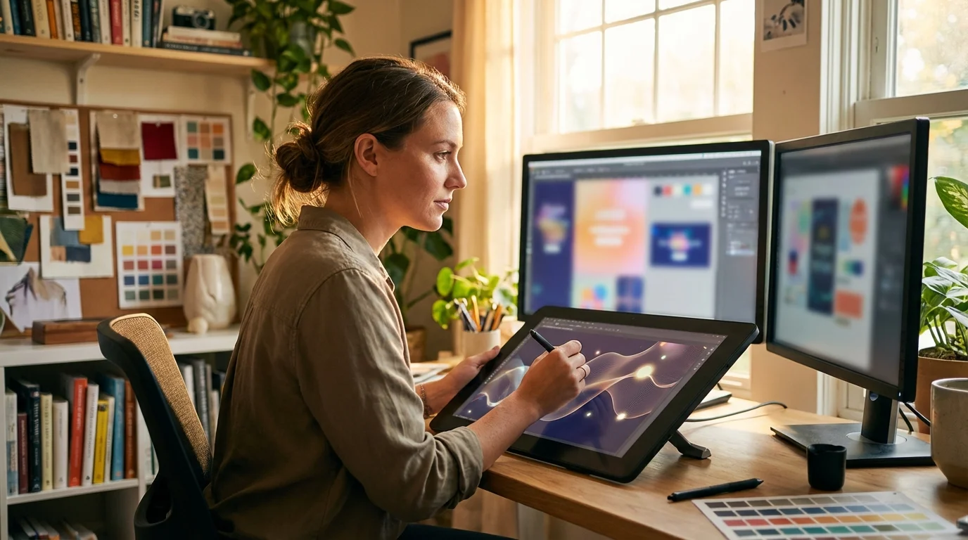 A creative woman works intently on a digital drawing tablet at a desk with multiple monitors in her bright home office.