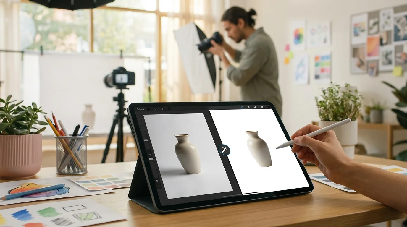 A person edits product photography of a vase on a tablet while a photographer works in the background.
