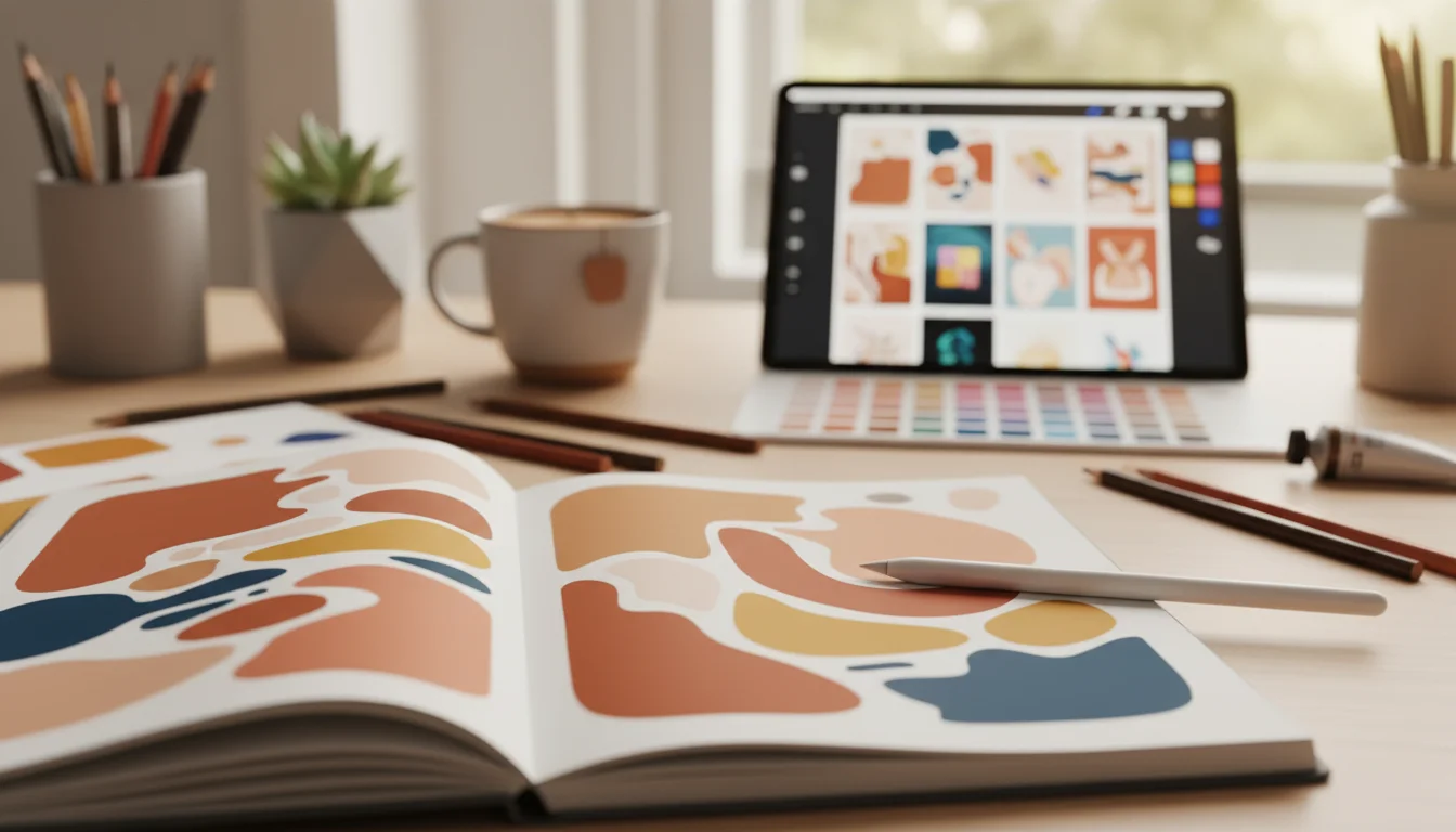 A close-up of a designer's desk setup featuring an open sketchbook with abstract art, a digital tablet displaying similar des