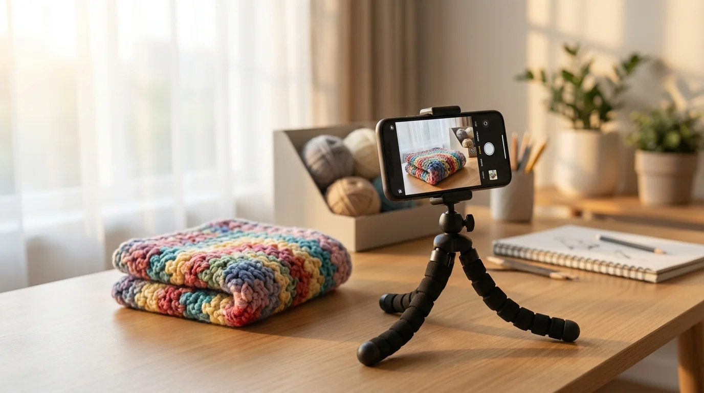 A smartphone on a tripod captures a colorful crocheted blanket on a wooden table, surrounded by crafting supplies.