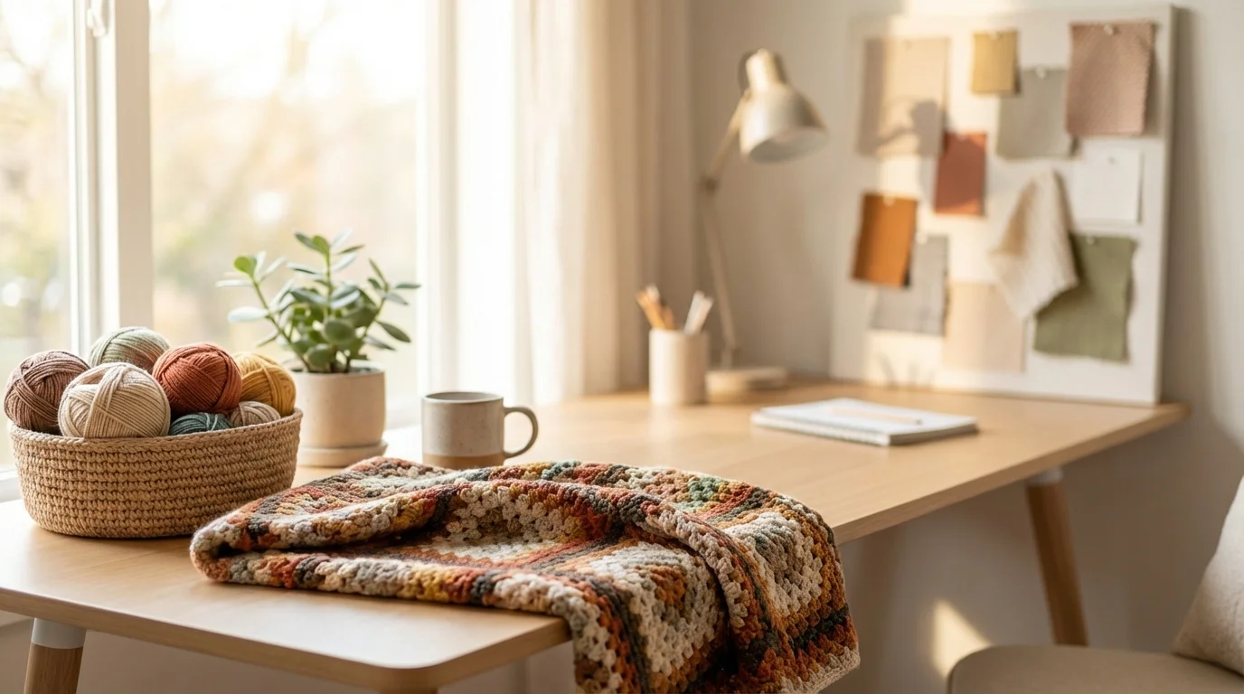 A cozy desk by a sunlit window features craft supplies, a plant, a mug, and a mood board.