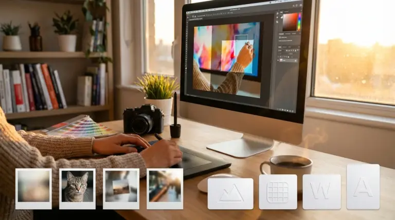 A person uses a pen tablet to edit photos on a computer monitor, surrounded by a camera, color palette, and digital images, i