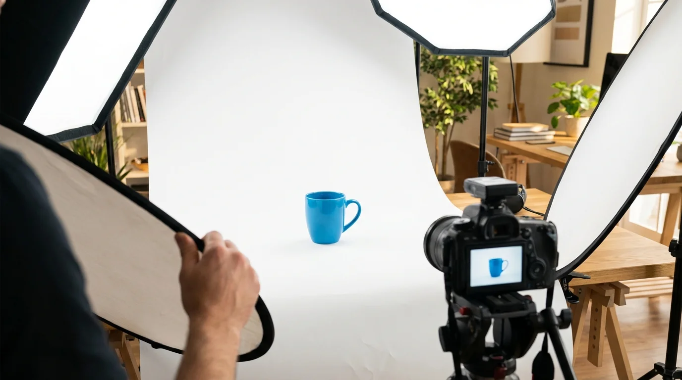 A person sets up a product photography shot of a blue mug with a camera, softboxes, and a reflector.