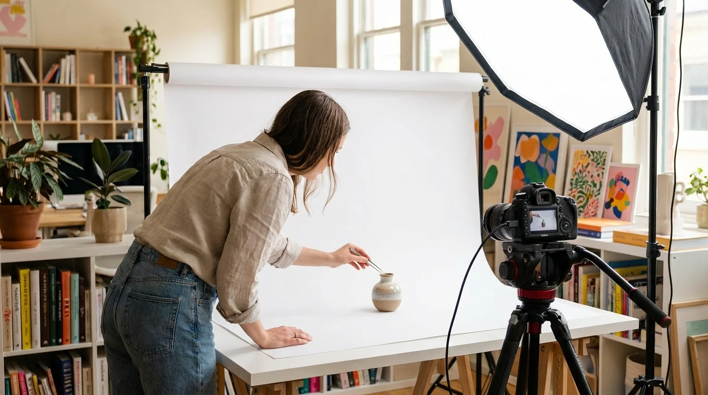 A person arranges a small ceramic vase on a white backdrop, setting up for product photography in a bright studio.