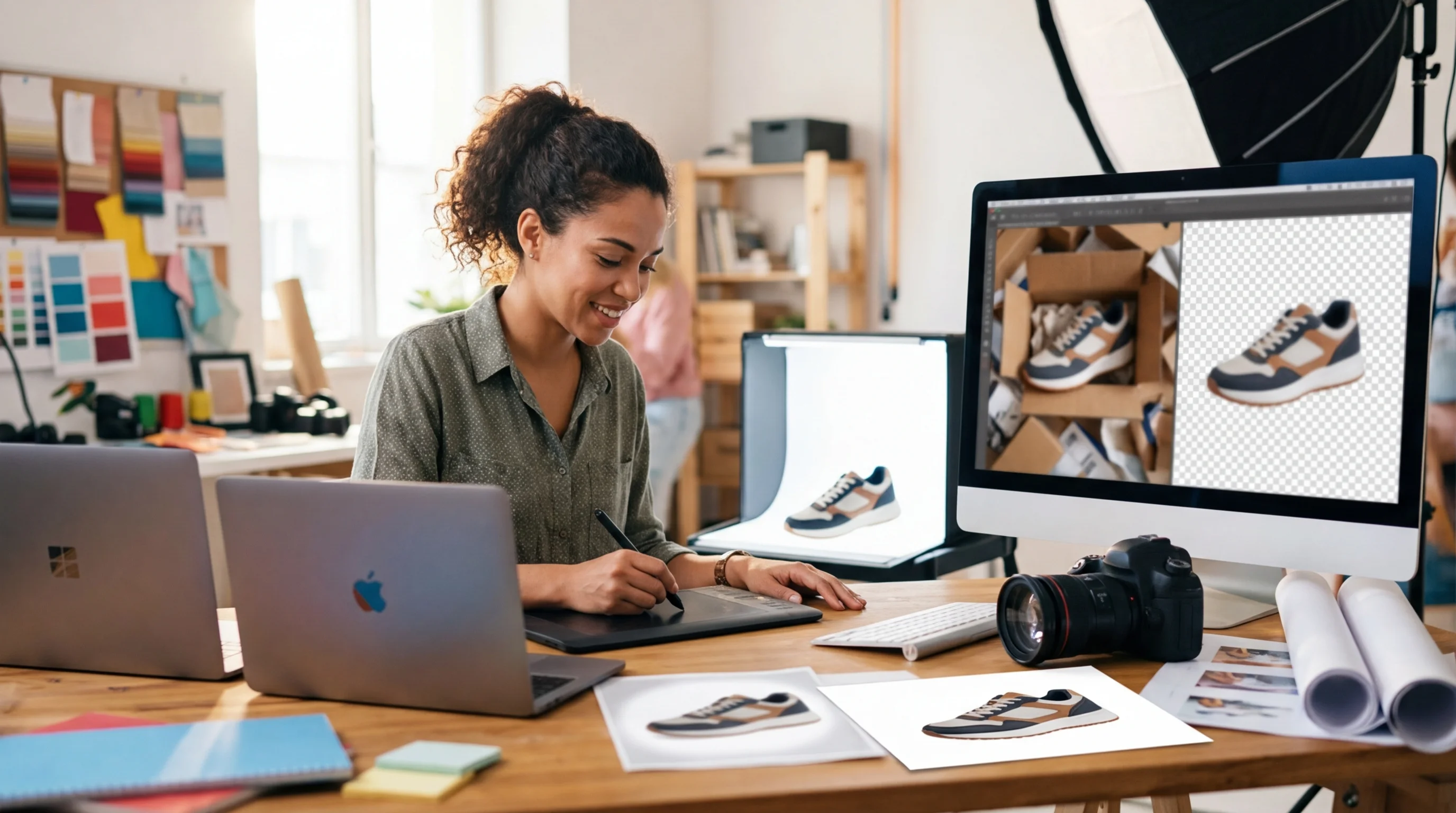 A woman uses a graphics tablet and computer to edit product photos of sneakers, demonstrating background removal and a...