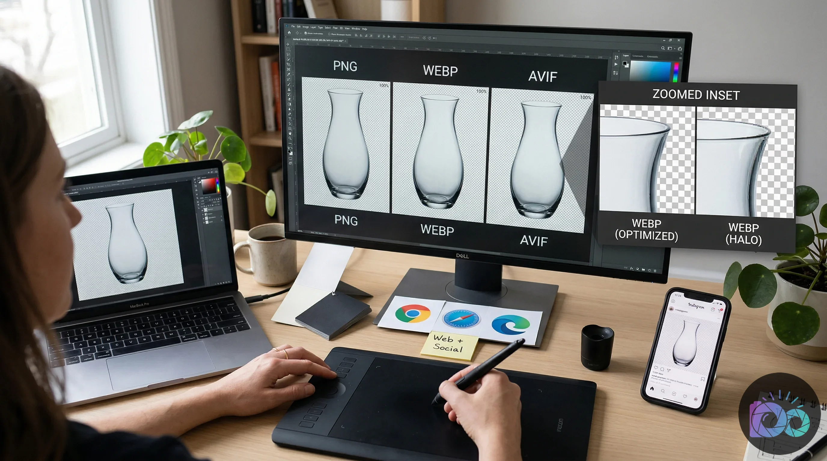 A graphic designer compares PNG, WebP, and AVIF image formats of a vase on a monitor, preparing optimized graphics for