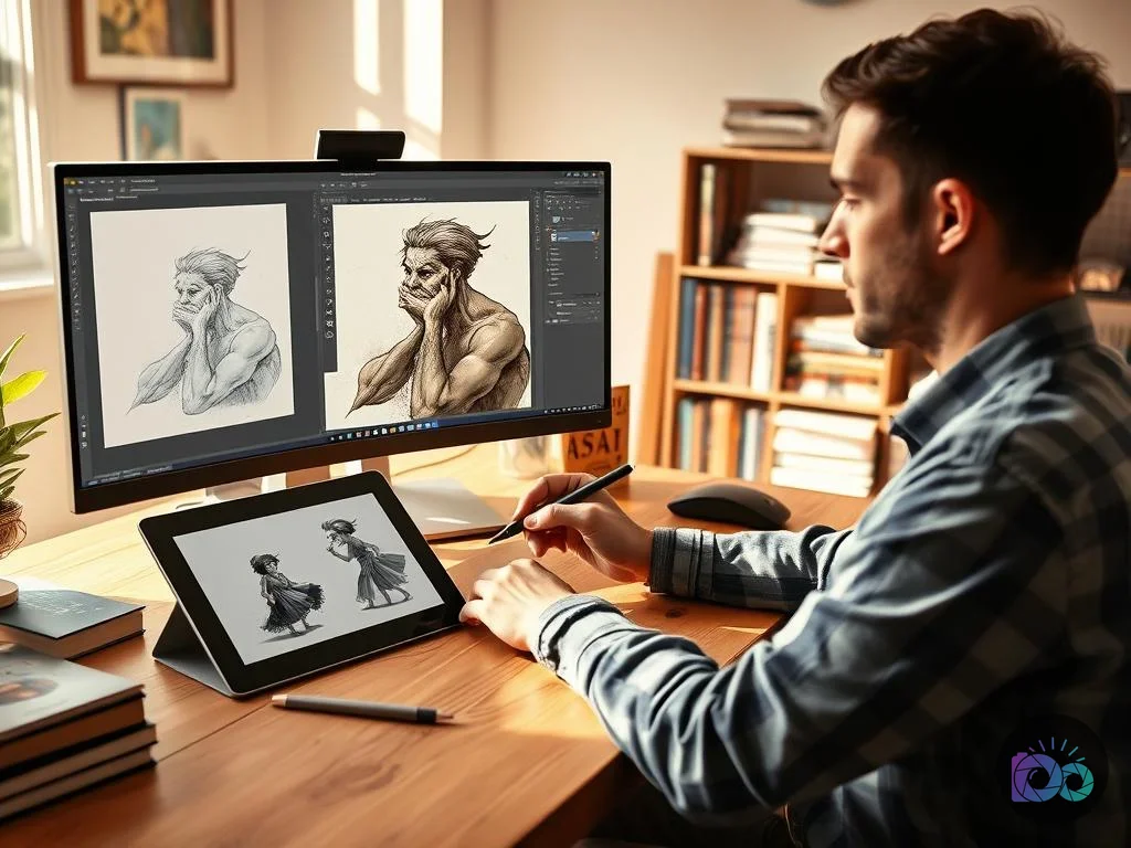 A male digital artist uses a stylus on a drawing tablet, actively viewing a computer monitor displaying two distinct...