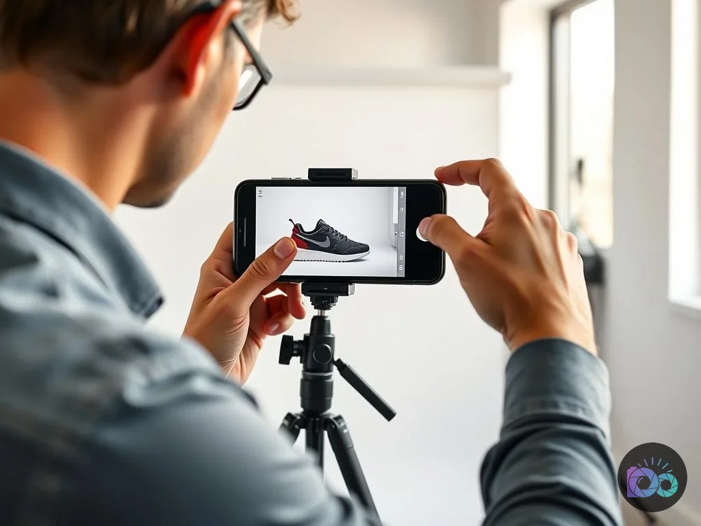 A person photographs a black sneaker with red accents on a white background using a smartphone mounted on a tripod...