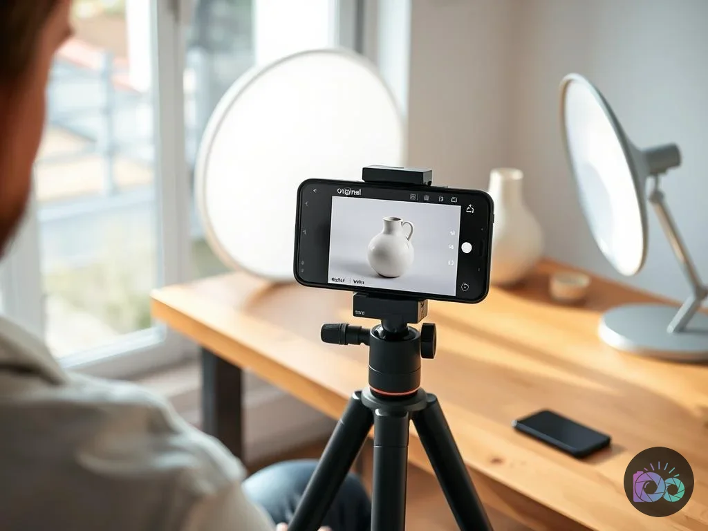 A person uses a smartphone on a tripod to photograph a white vase in a bright product photography setup with two studio...